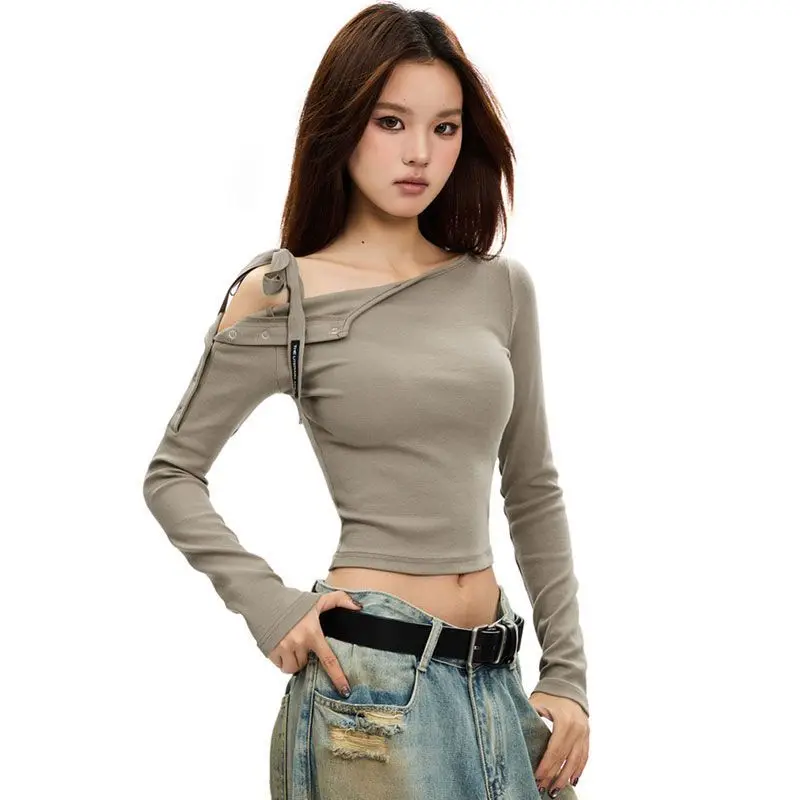 

Однотонная облегающая женская футболка с длинными рукавами в американском стиле для пикантной девушки, осенний топ с бретельками в стиле Харадзюку для пикантной девушки