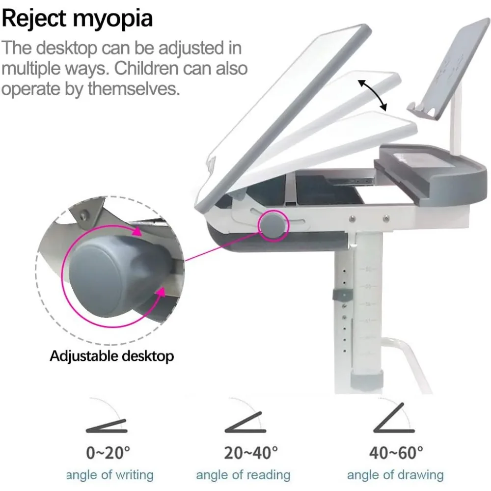 Altura ajustável Desk and Chair Set para crianças, gaveta de armazenamento, inclinação ajustável Table Top,Touch LED Light, Estudo Tabela