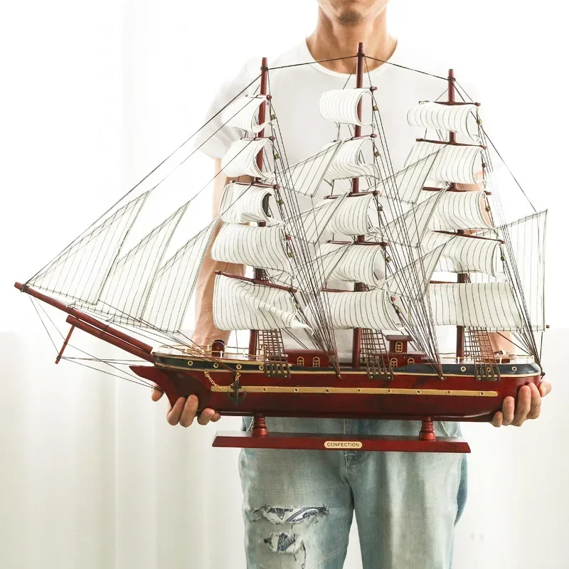 [Assembled] 80cm Large Sailboat Model Craft Toys Wooden Sailing Boat 3D Ship Mediterranean home decor New Hose Gift to friend