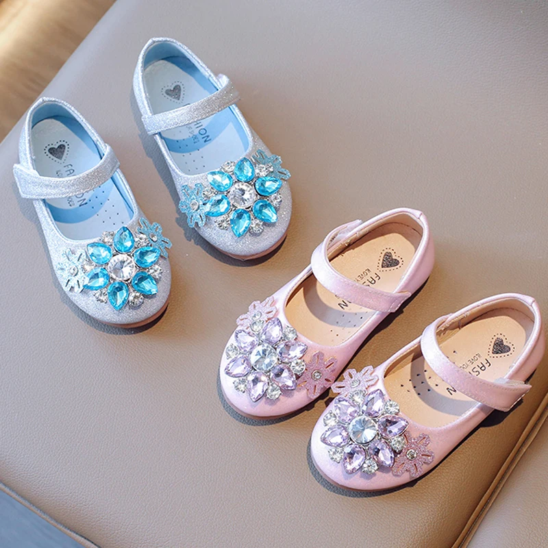 Crystal Snowflakes Shoes Girls Fancy Ice Blue strass Buckle ballerine Baby Kids Glitter perly-lustre Mary Jane Zapatos