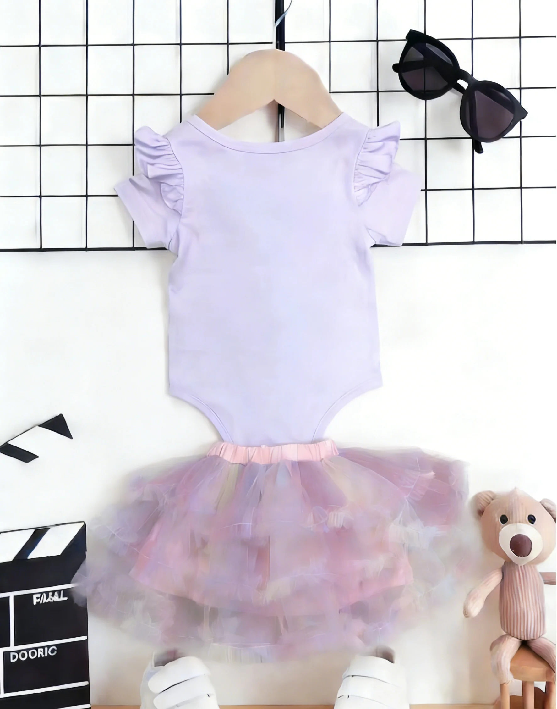 Summer New Arrival Baby Girl Light Purple Tee Pink Tutu Skirt Set Unicorn Print Ruffle Sleeve