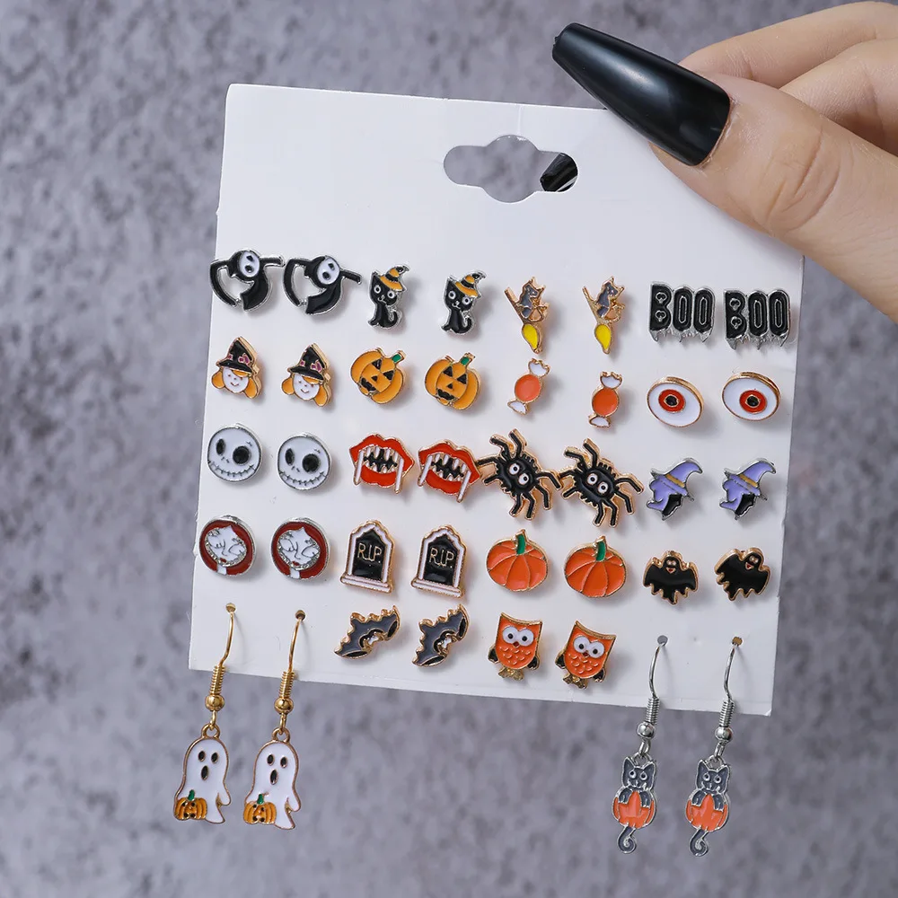 European chic accessories Halloween series pumpkin ghost earrings cartoon funny eyes spider stud earrings set view 6