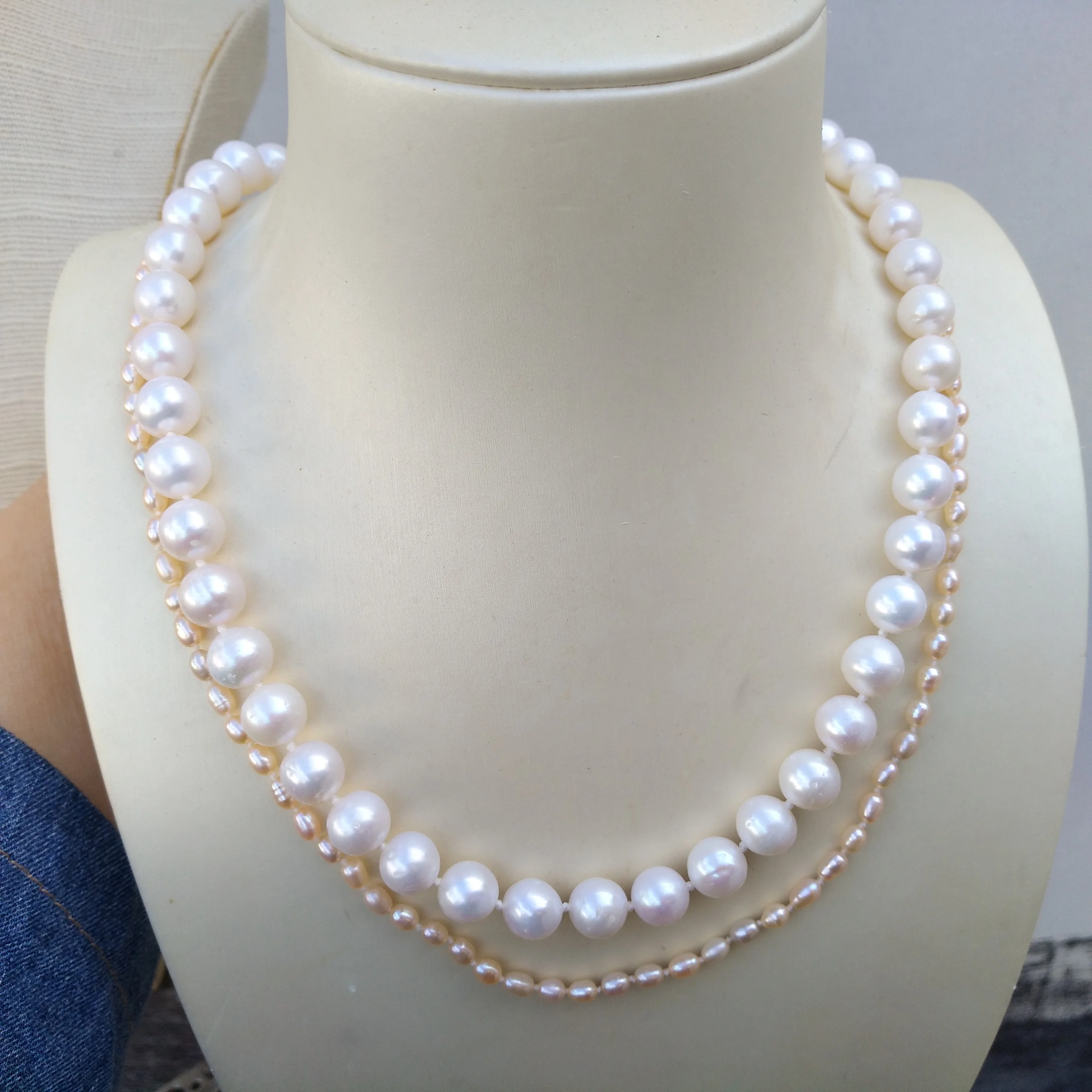 DOUBLE STRANDS AAA 3-8mm AAA+ South Sea White Pearl Necklace 45cm Hand knotted