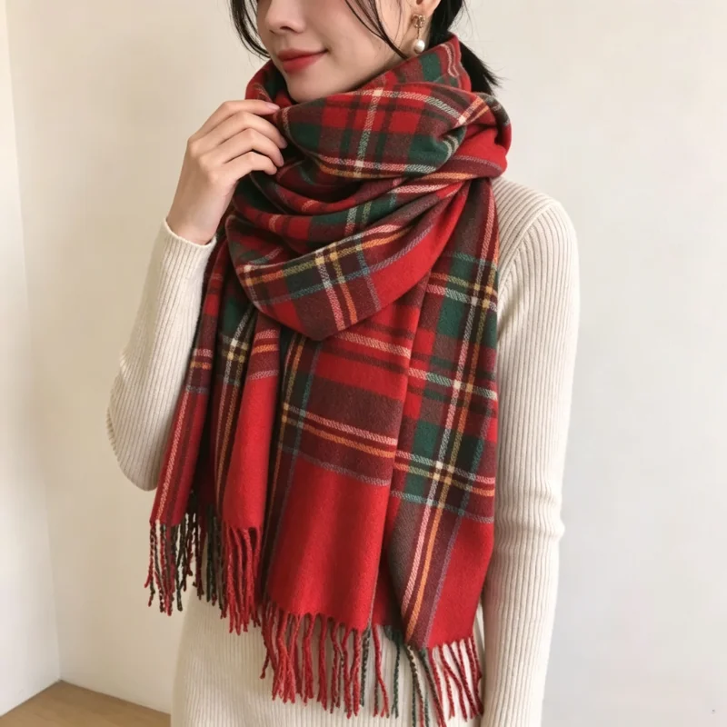 Women's Red Plaid Scarf, Vintage Checked Fringe Shawl, Warm Imitation Cashmere Scarf, Large Wrap Scarf for Women Daily Wear