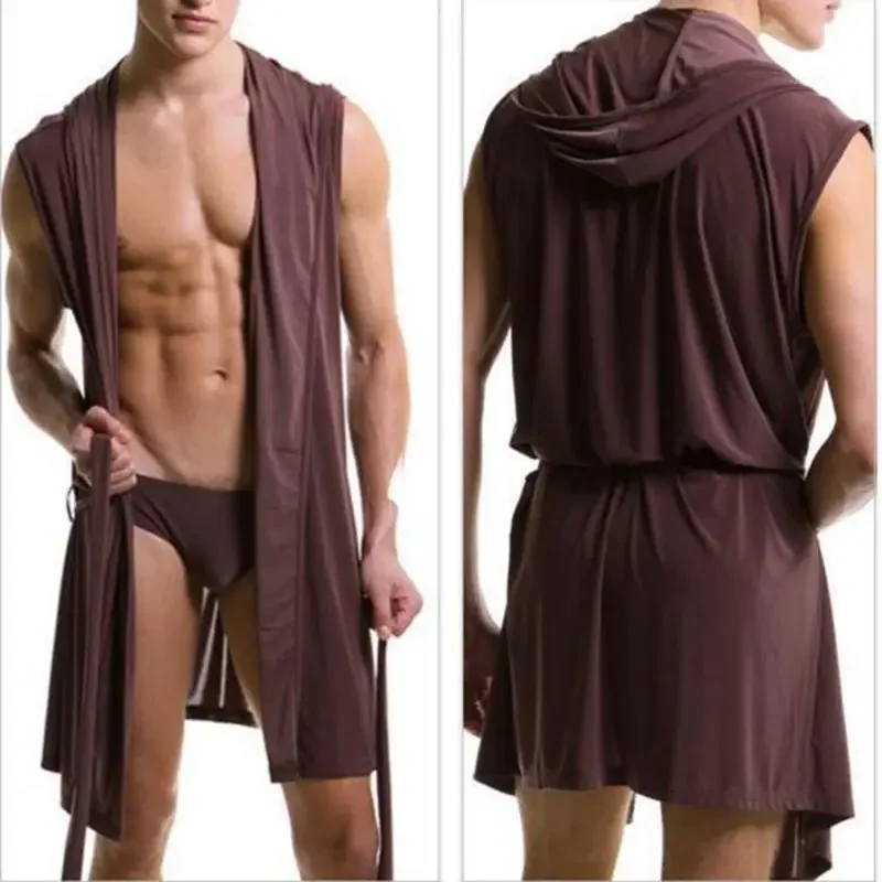 

Men's Home Bathrobe Sleeveless Silk Smooth Male Hooded Bathrobe Pajamas Comfortable Ultra thin lingerie Loose Underwear