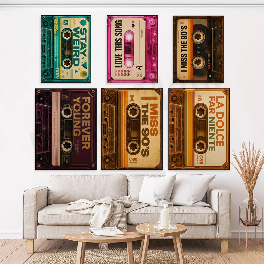 Retro cassette tape print, mixtape, analog audio poster, nostalgic cassette music-themed wall art, music room decor poster