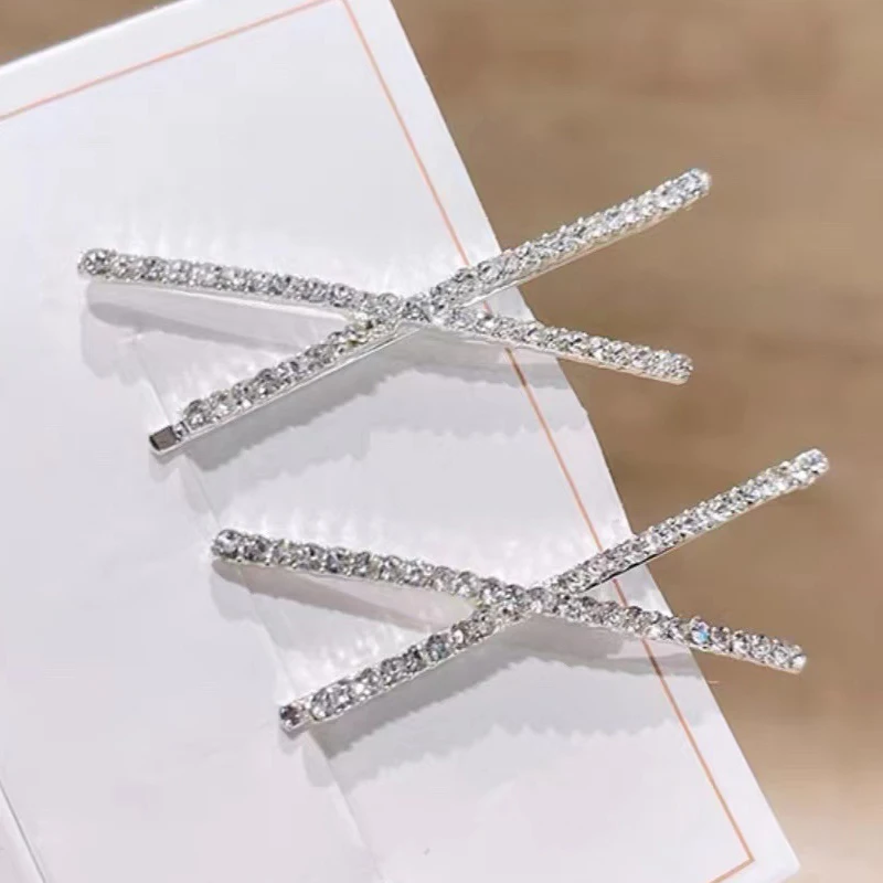 2pcs Women Cross Crystal Hairpins Rhinestone Hair Clips Barrettes Simple Side Clip Bridal Headwear for Girls Fashion Accessories
