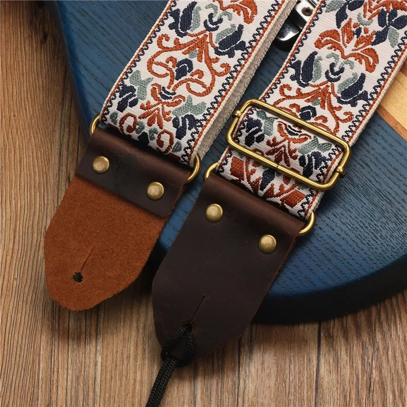 

Miwayer Embroidered Guitar Strap Soft Vintage Flowers Adjustable Creative Watch Bands Cotton Belt & Leather Head