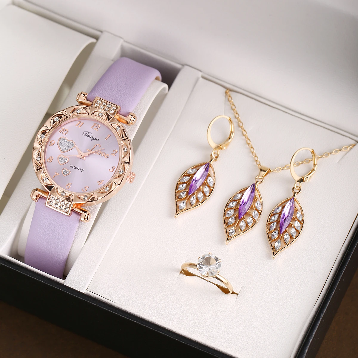 5PCS Women\'s Light Purple Diamond studded Dial Fashion Versatile Leather Watch