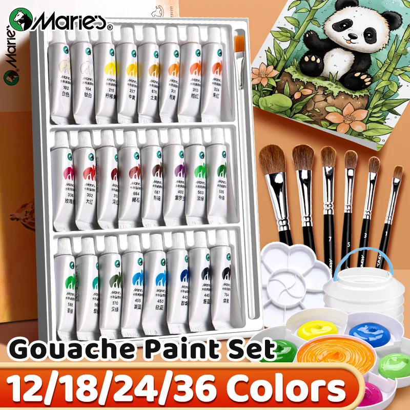 Marie's 12/18/24/36 Colors 5ml/Tube Artist Grade Gouache Paint Set with 1pc Paintbrush for Canvas,DIY Projects,Paper,Crafts