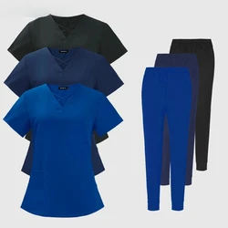 2024 NEW Pet Hospital Uniform Set Scrub Suits Solid Color Unisex Surgical Gown Pocket V-neck Scrubs Set for Women Joggers