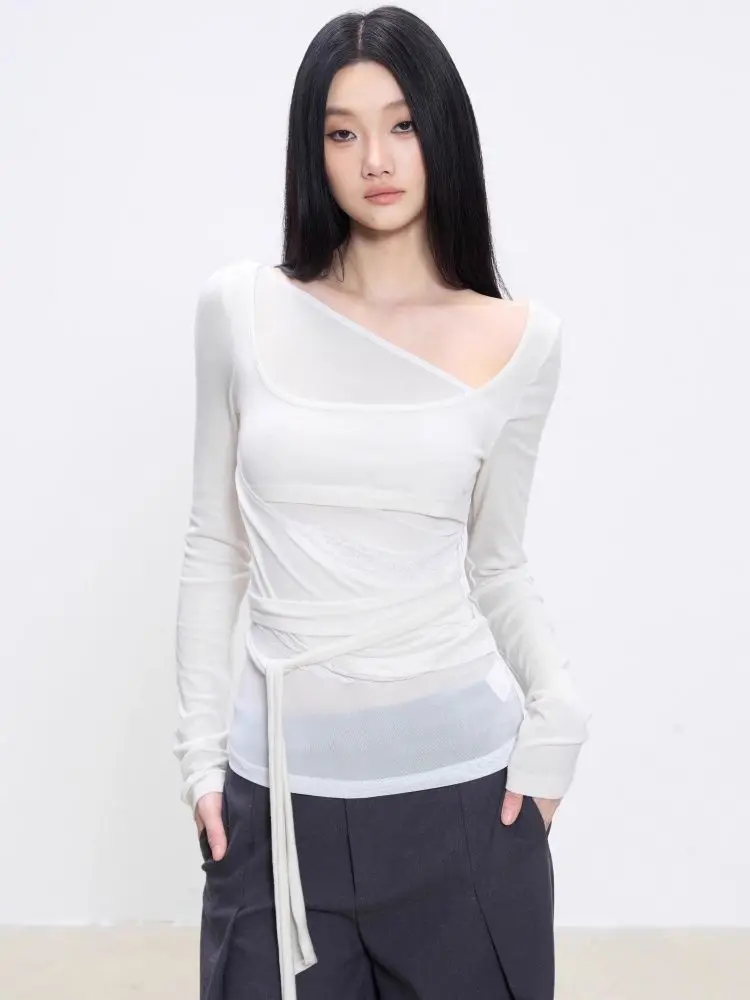 

Simple White Irregular Long Sleeve T Shirts Women Korean Chic Spicy Girl Slim Fit Bandage Waist Tops Y2k Aesthetic Tees