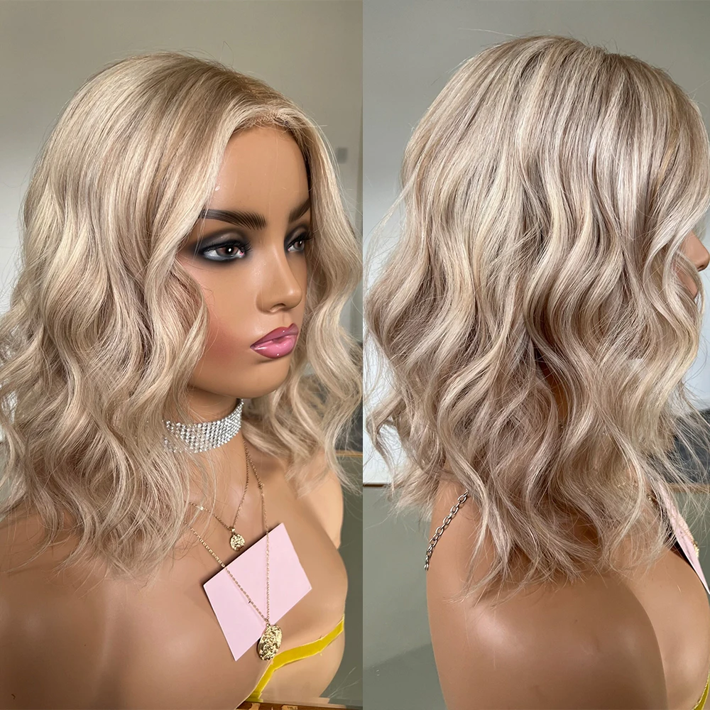 

Ash Blonde Highlight Wig Short Wavy Wig Medium Blonde Root Virgin Human Hair HD 13x4 Lace Front Wig Shoulder Lengh 14" 150%