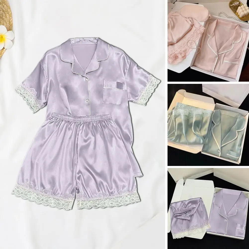 Lapel Collar Shirt Pajama Stylish Women's Summer Pajama Set Lace Patchwork Blouse Satin Shorts Comfy Loungewear for A Relaxing