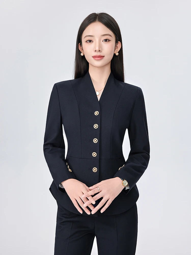 

Костюм-двойка женский, однобортный, темно-синий, для работы, собеседования, профессиональный, формальный, больших размеров, с V-образным вырезом...