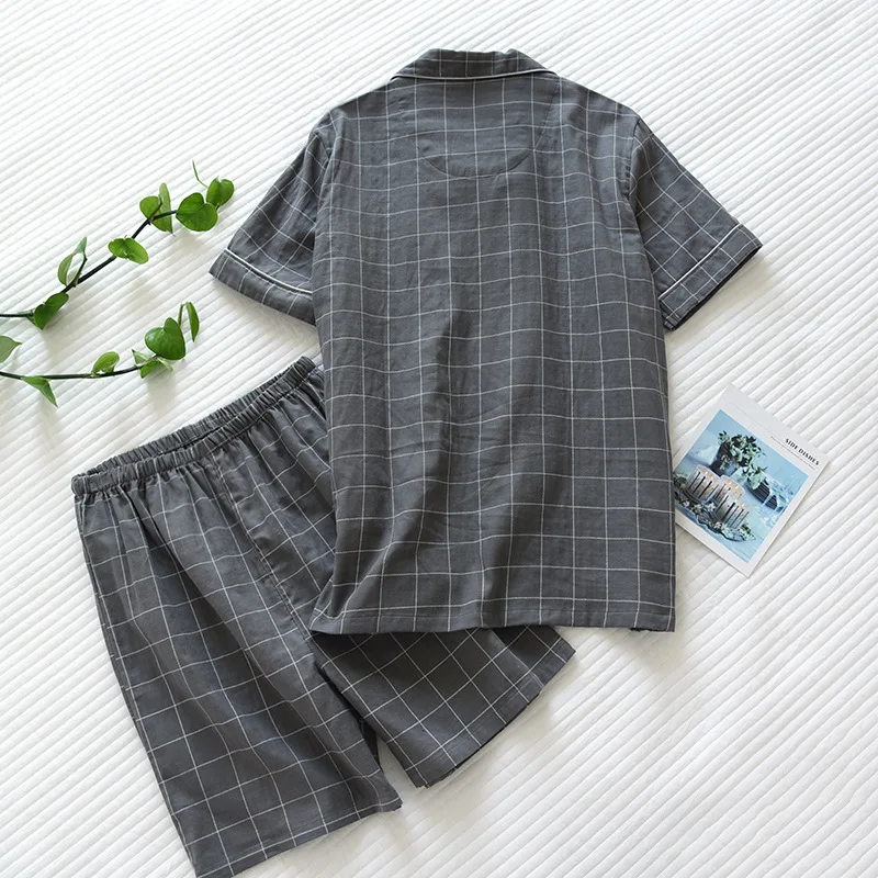 Novedad de verano, pijamas para hombre, pantalones cortos de manga corta de gasa 100% algodón de dos piezas, traje de servicio doméstico
