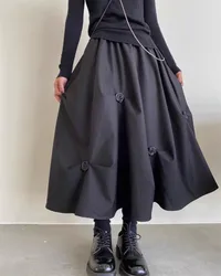 3d Flower Irregular Pleated Skirt Gothic Summer Y2k Women Black A-Line Skirt Preppy Harajuku High Waist Midi Skirts Streetwear