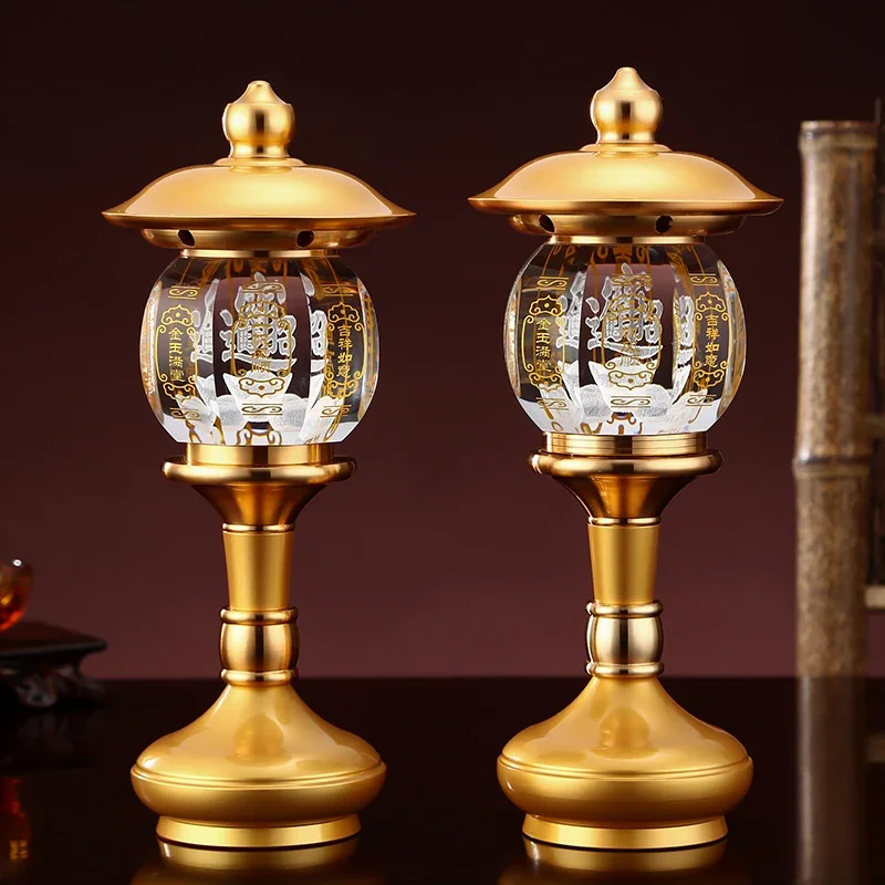 A PAIR high grade Buddhism HOME Temple shrine enshrine worship good luck God of wealth CAI SHEN crystal buddha lamp 28CM large