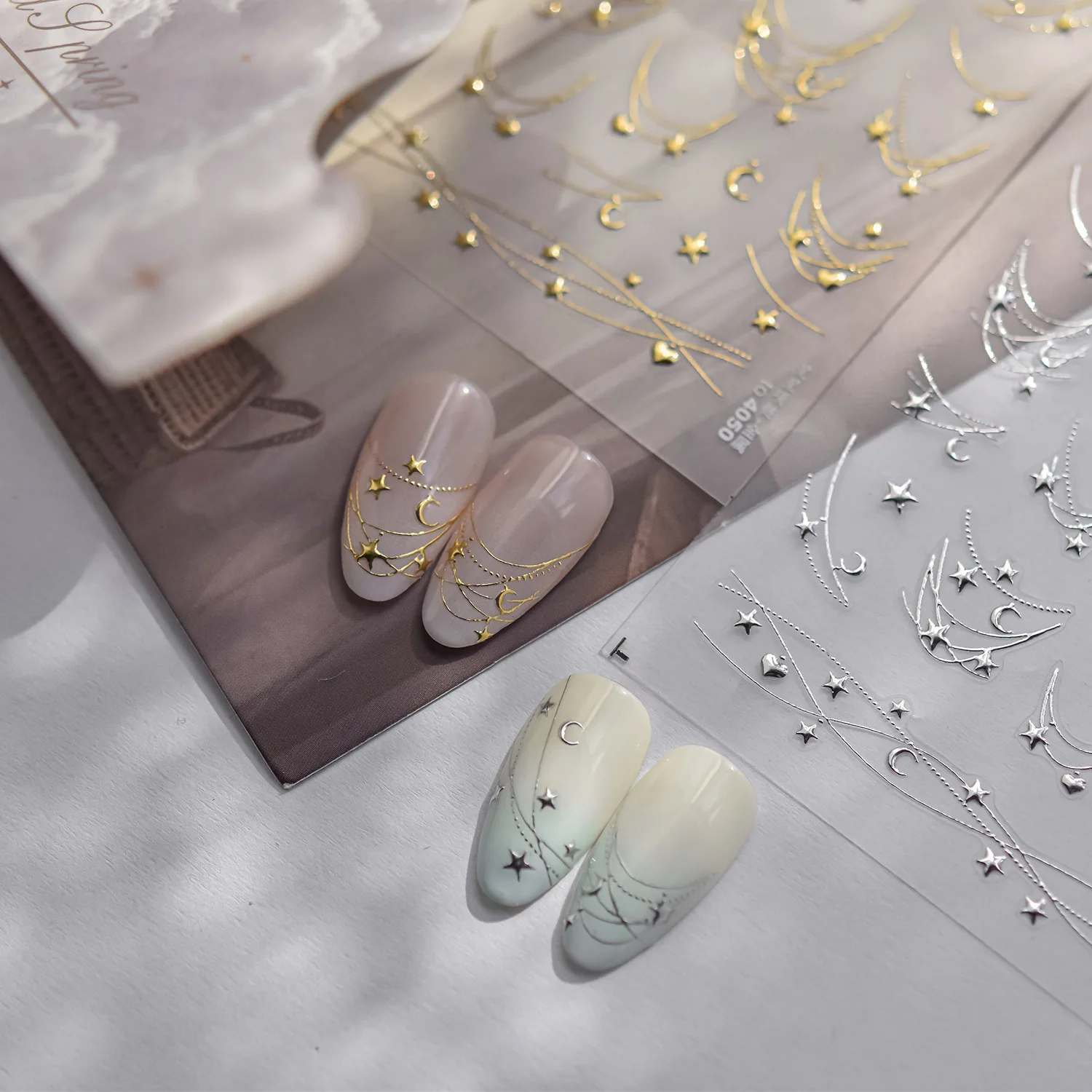 5D Star Moon Love Heart Curved Line Nail Art Stickers Bronzing Gold Silver Chain Embossed Adhesive Nail Decals DIY Nail Supplies