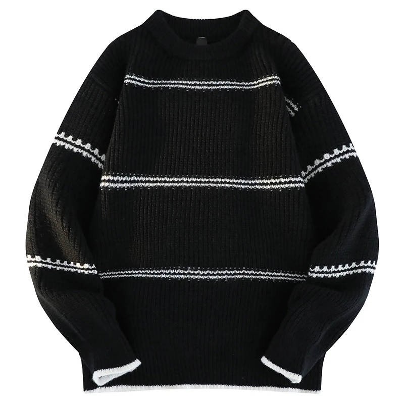 Men's Autumn Winter High Street Round Neck Striped Knitted Pullovers Sweater High Quality Vintage Slim Fit Unisex Streetwear