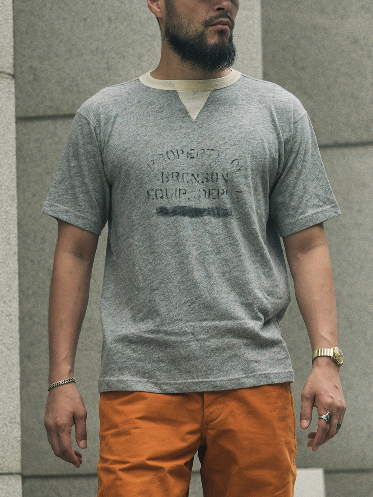 Rugged Bronson Branded Standard Fit Short Sleeve T-Shirt US Style Retro Sportswear Base Layer Tee Oil Ink Print Casual round ...
