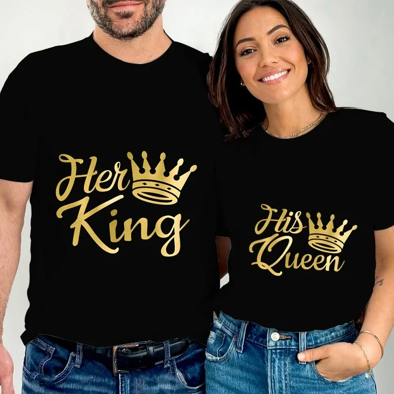 Her King His Queen Funny T-Shirt Couples Matching T-Shirt Golden Crown Print Short Sleeve Wife Husband Fashion Lovers T-shirt