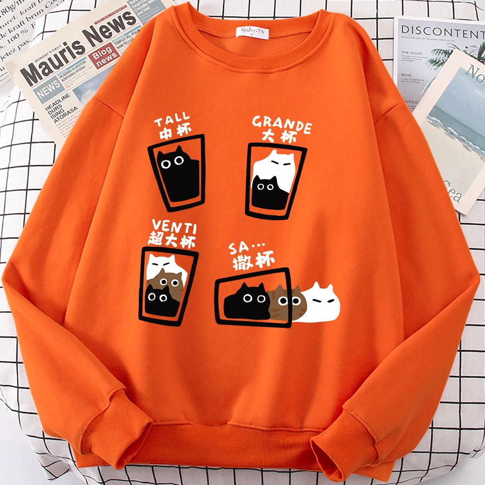 Coffee Cup Fun Cat Cute Print Cartoons Men Women Hoodie Loose Hoodie Autumn Crewneck Fleece Sweatshirt Loose Casual Hoody