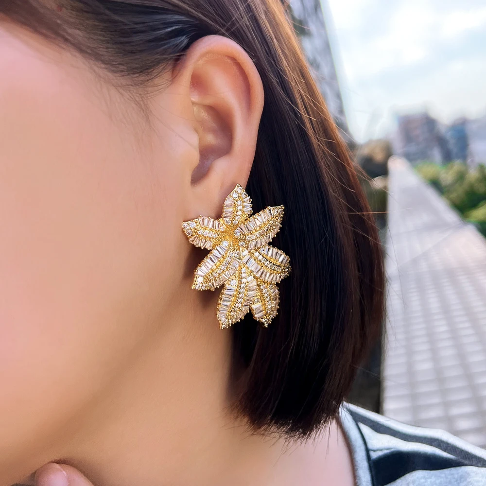 CWWZircon Micro Pave African Cubic Zirconia Luxury Long Leaf Drop Earrings for Women Dubai Gold Color Wedding Jewelry CZ995