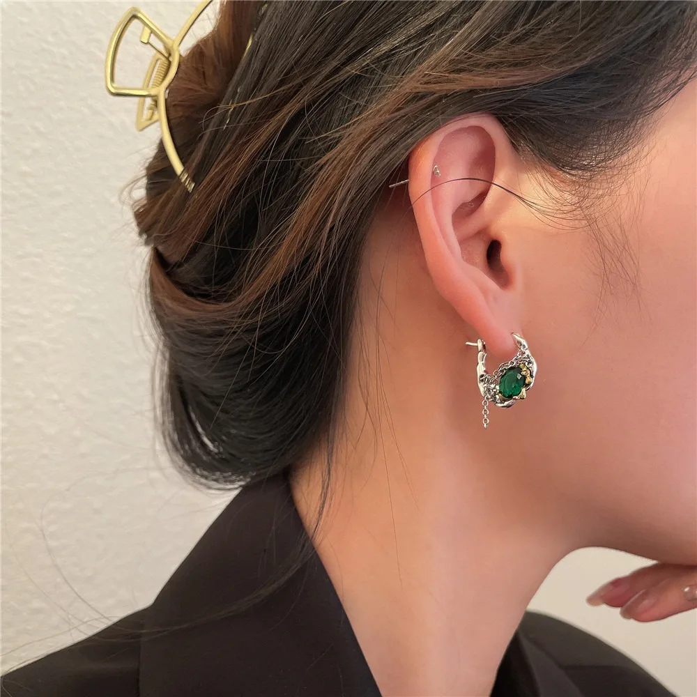 

SEREIN Green Stone Vintage Hoop Earrings for Women Gold Color Wedding Ear Buckle Engagement Jewelry Gift