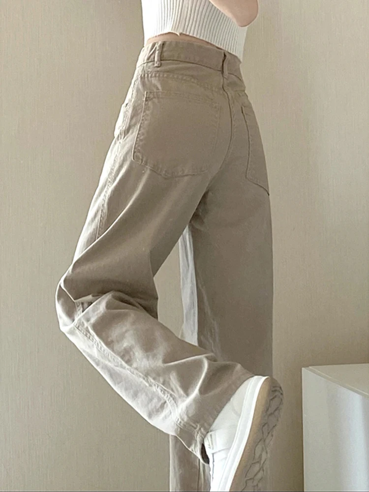 

Женские джинсы цвета хаки, прямые, в пол, больших размеров, модные, с высокой талией, из смесового хлопка, прочные, прямые брюки-трубы