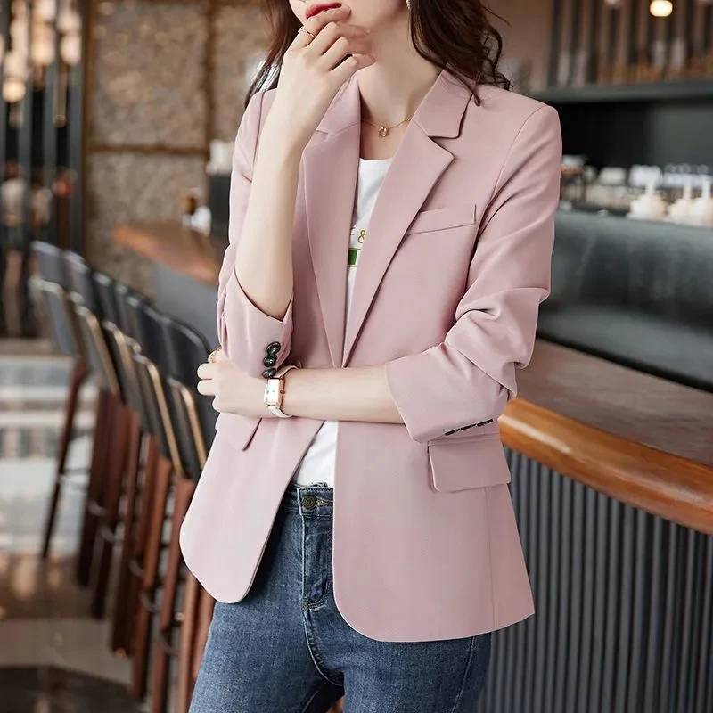 Spring Autumn Blue Black Pink Coffee Blazer Women Female Business Work Wear Long Sleeve Single Button Solid Ladies Formal Jacket