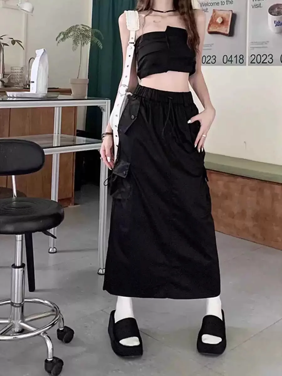 New Cargo Skirts for Women Y2k Long Skirts Elastic Waist Autumn Summer Drawstring Girls Full Length Skirt Black Wholesale