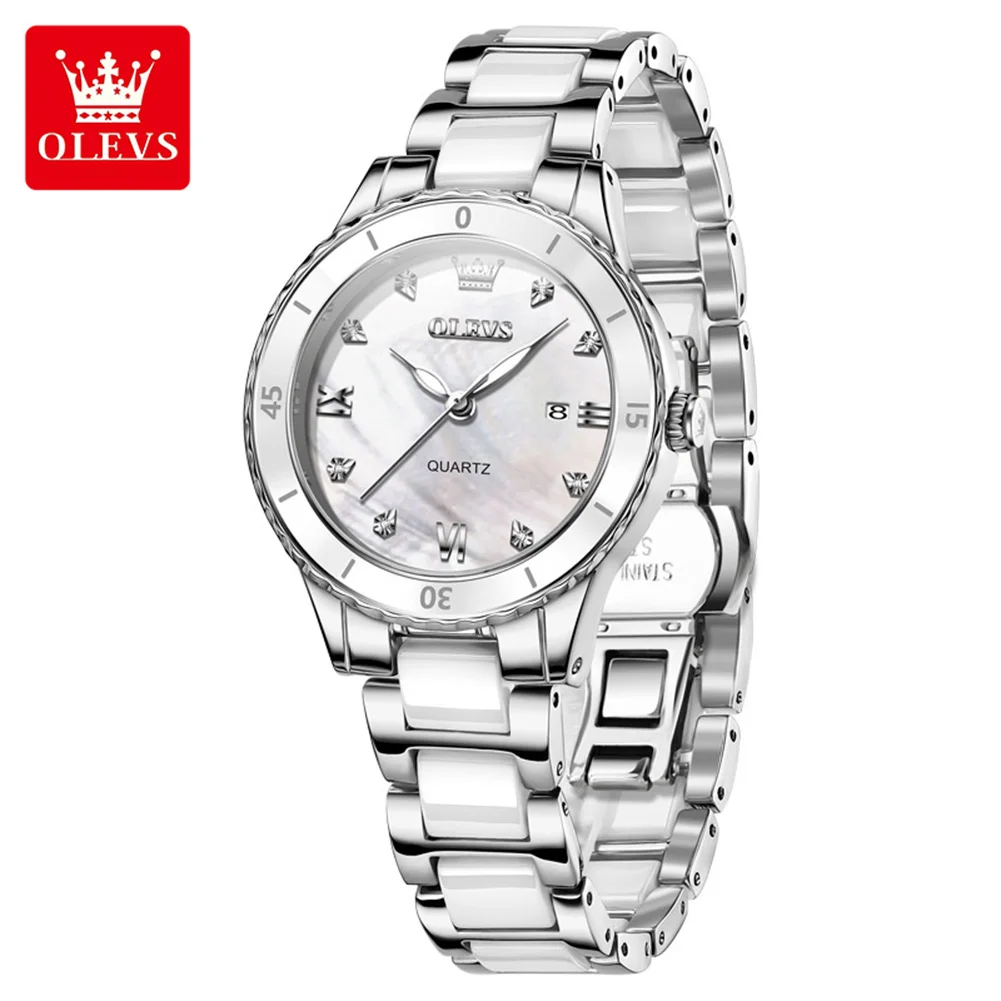 OLEVS Women Watches Noble Elegant Ceramics Strap Simple Dial Original Brand Quartz Wristwatch for Lady Waterproof Luminous Date