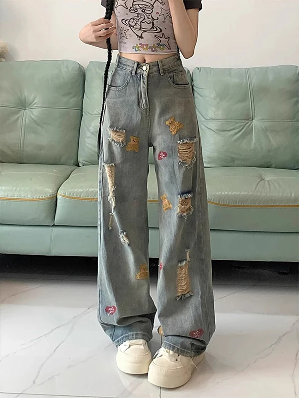 Retro Washed Bear Embroidery Frayed Hem Denim Jeans Women's High Waist Loose plus Size Straight Leg Pants Casual American Style