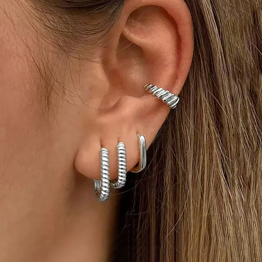 4PCS Fashion Temperament Geometry Twist Hoop Earrings Sets For Women False perforation Ear Clip Waterproof Vintage Jewelry Gift