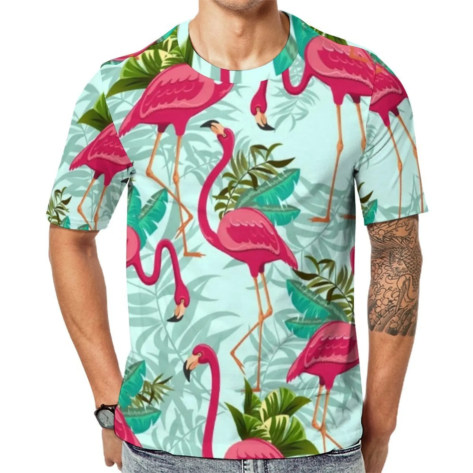 Pink Flamingo T Shirt For Men Exotic Birds Print Graphic O Neck T Shirts Summer Vintage Tops Short-Sleeve Casual Plus Size Tees