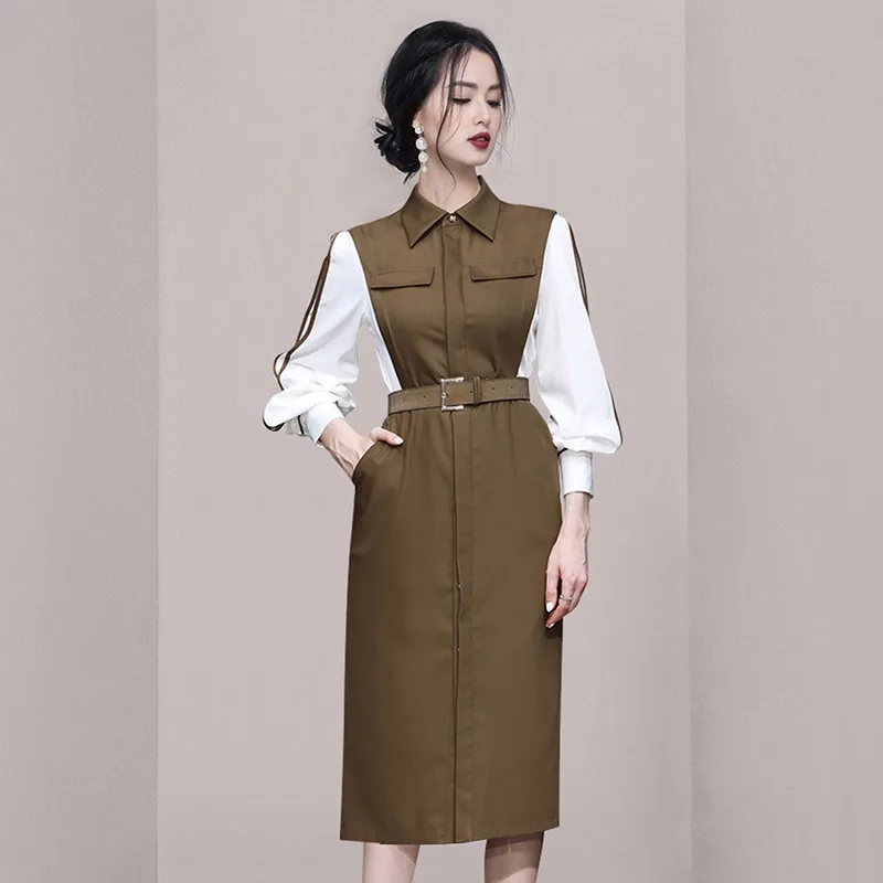 Fashion Elegant Vintage Summer Women Office Shirt Dress Lapel Hit Color Single Breasted Lantern Sleeve Bodycon With Belt Dresses