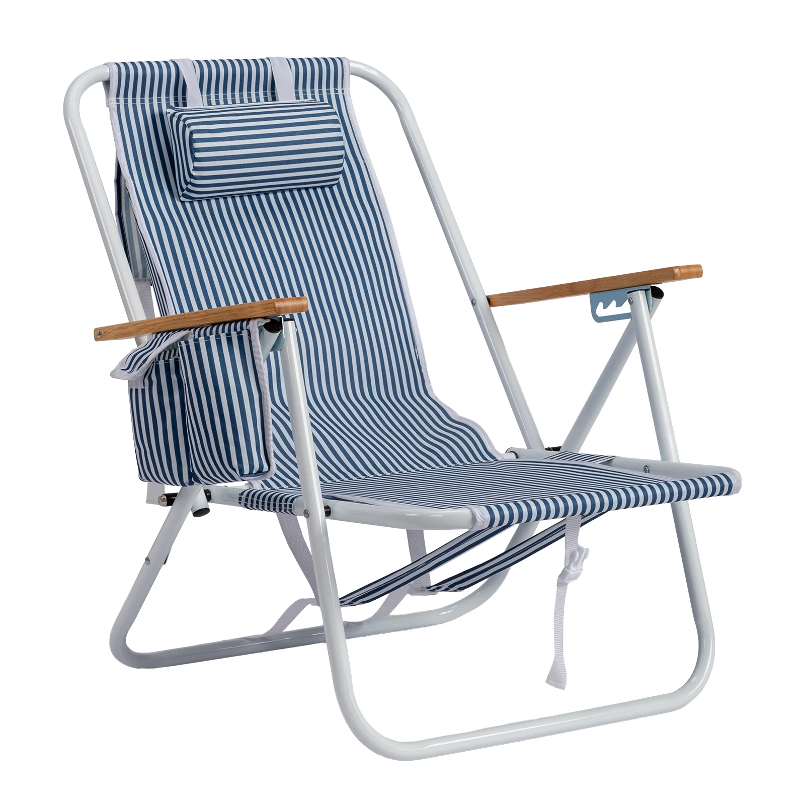 4-Position Adjustable Backpack Beach Chair, Foldable Rustproof Aluminum Frame Lounge Chair with Wooden Armrest, Side Storage Pockets & Detachable Pillow, 24"22"37" Outdoor Patio Camping Lawn Chair Holds up to 265 LBS, Blue White Vertical Stripe