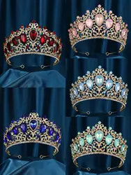 Baroque 5 Colors Green Pink Opal Crystal Big Tiara Crown For Women Girls Wedding Party Bridal Elegant Hair Dress Jewelry
