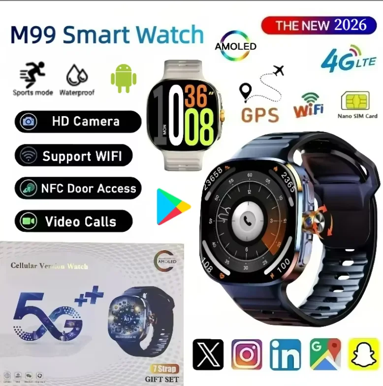 M99 5G Cellular Smart Watch 2.4 Inch AMOLEDDisplay, Rotary HD Camera Heart Rate Tracker SIM Card Slot WiFiCalling for Daily Wear