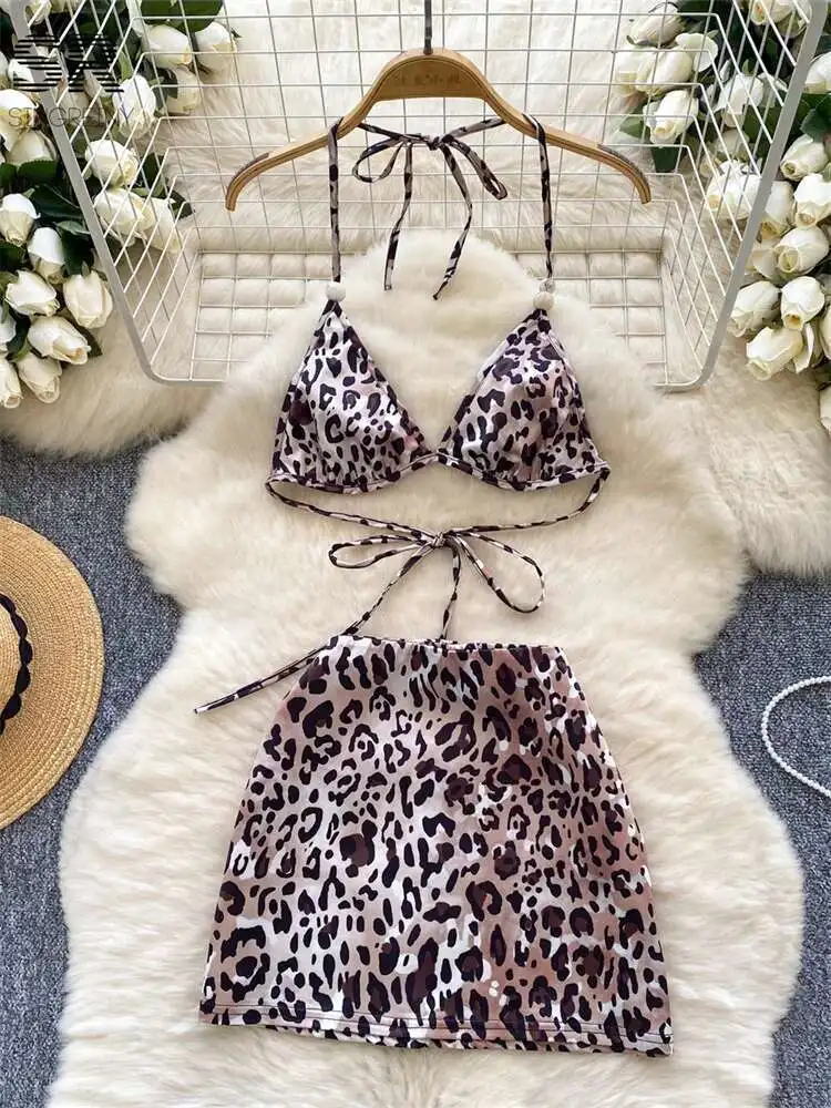 BabYoung Leopard Sexy Beach Two Piece Sets Women Lace Up Design Camisole+Slim Fashion Skirt 2024 Newest Hot 2Pcs Suit