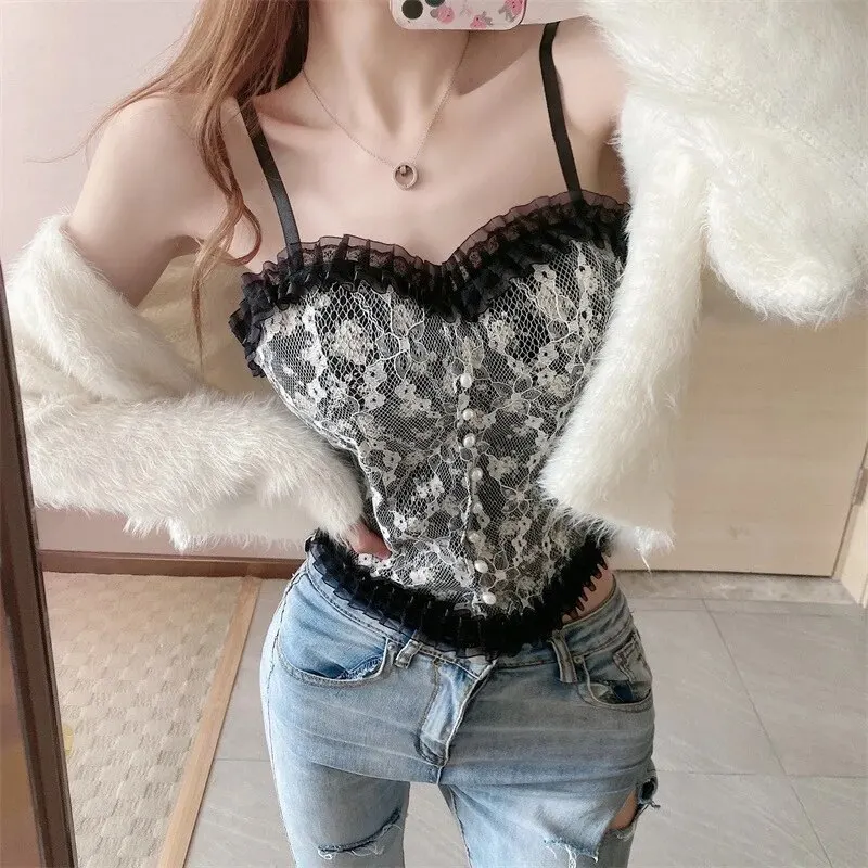 1pc Spitze Sexy Floral Leibchen Schöne Zurück Gewickelt Einfarbig Hot Casual Sling Ärmellose Süße Tank Top