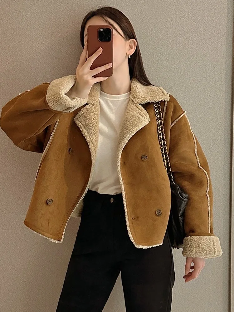 

Chic Winter New Arrival Double Breasted Suede Long Sve Suit Collar Jaet Women's Faion Korean Sle Stand Fit Outerwear