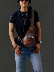 Retro personality cowhide chest bag stitching color random genuine leather unisex genuine leather crossbody small shell bag