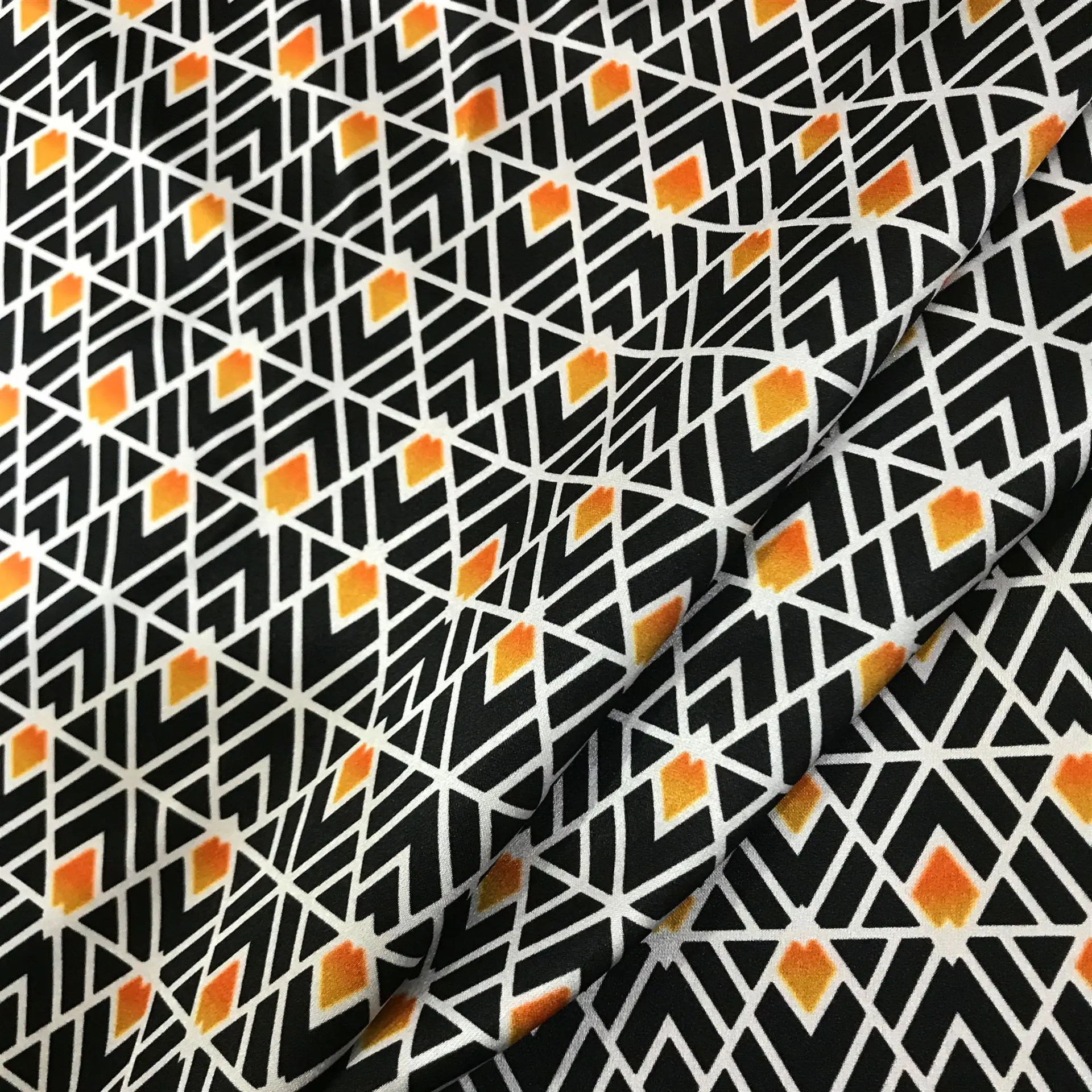 108CM Wide 19MM Silk Satin Fabric for Smooth Dress Pajamas Blouse Pants,DIY Sewing Fabric with Orange Black Geometry Print E1339