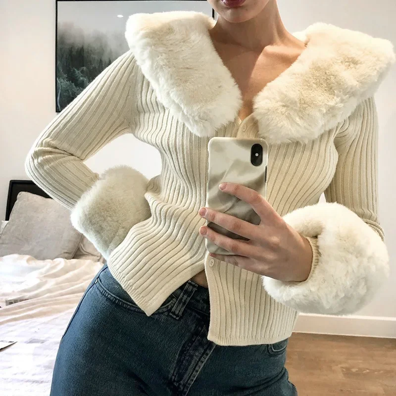 Female Y2k Botton Up Sweater Blue 2023 Spring Zipper Streetwear Fashion Woman Cardigan Sweaters with Fur Trim Collar Slim Outfit