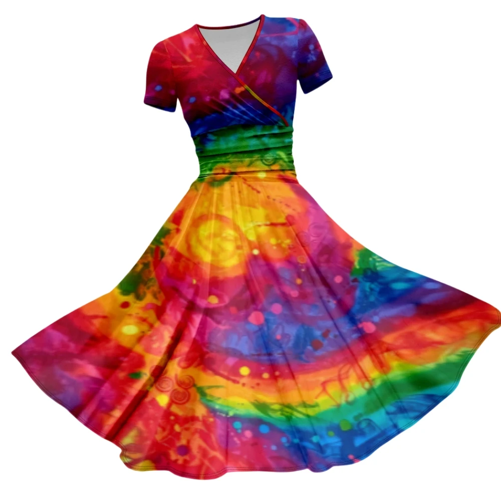 Rainbow Color Scheme Print Daily Casual Short-Sleeved V-neck Dress For Women