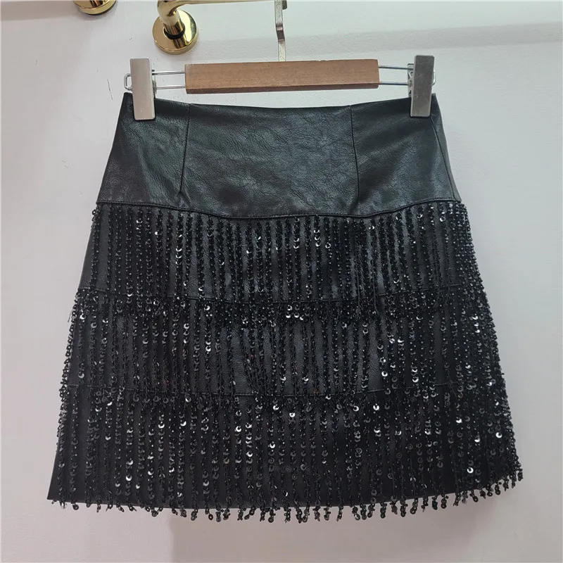 Street 2024 Autumn New Fashion Sequins Slim Thin A-shaped PU Leather Short Skirt Women High Waist Hip Wrap Mini Skirt Nightclub