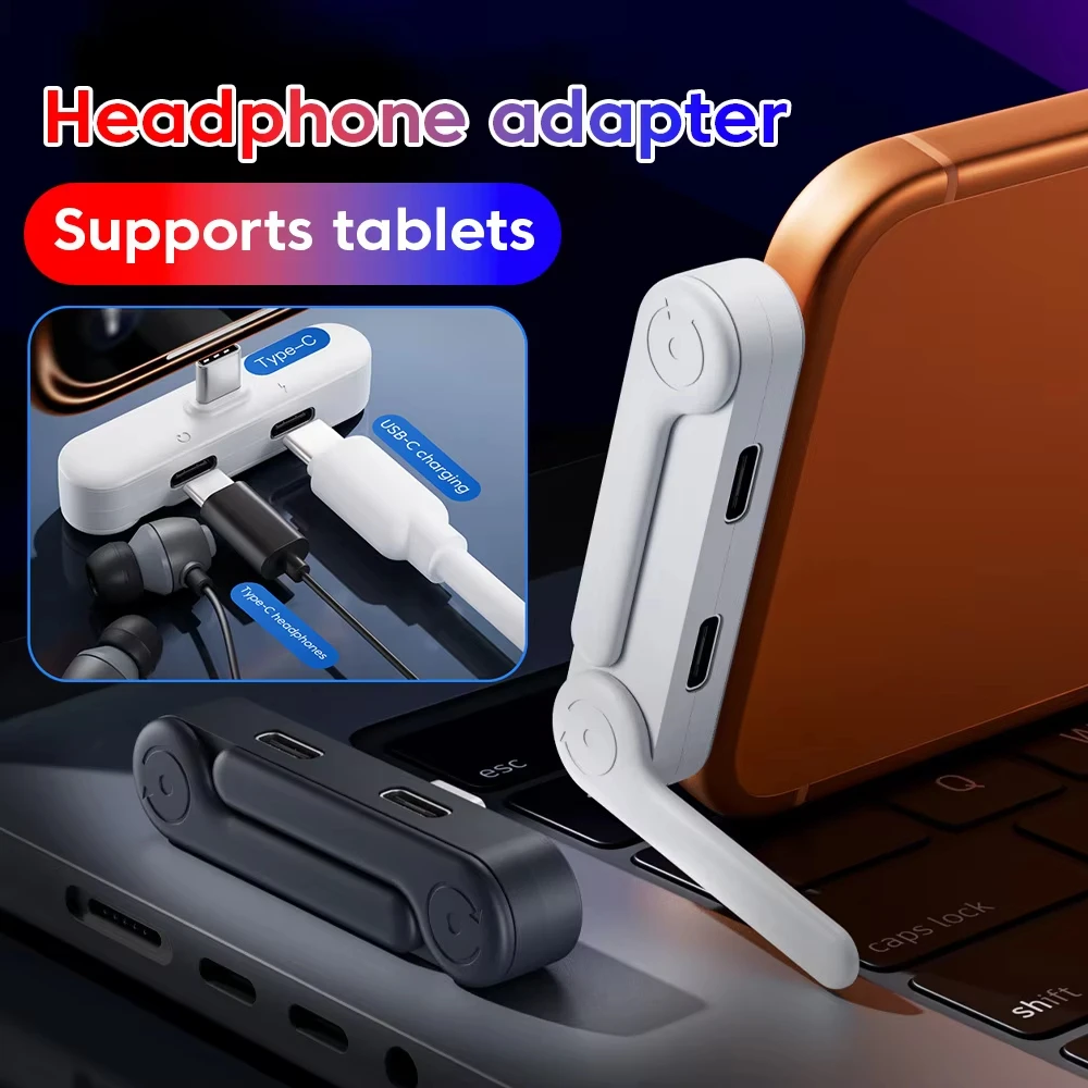 

2-in-1 Type-C Headphone Adapter Phone Stand Audio Splitter Charge for iPhone 16 15 Android Samsung Galaxy Gaming Live Streaming