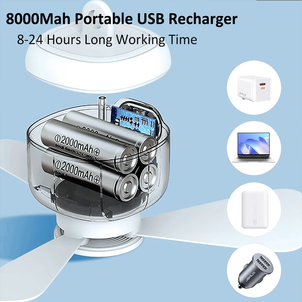 Portable Ceiling Fan Camping Tent Air Circulator Cooler 8000mAh Rechargeable Wireless Ceiling Fans With Remote Control LED Light